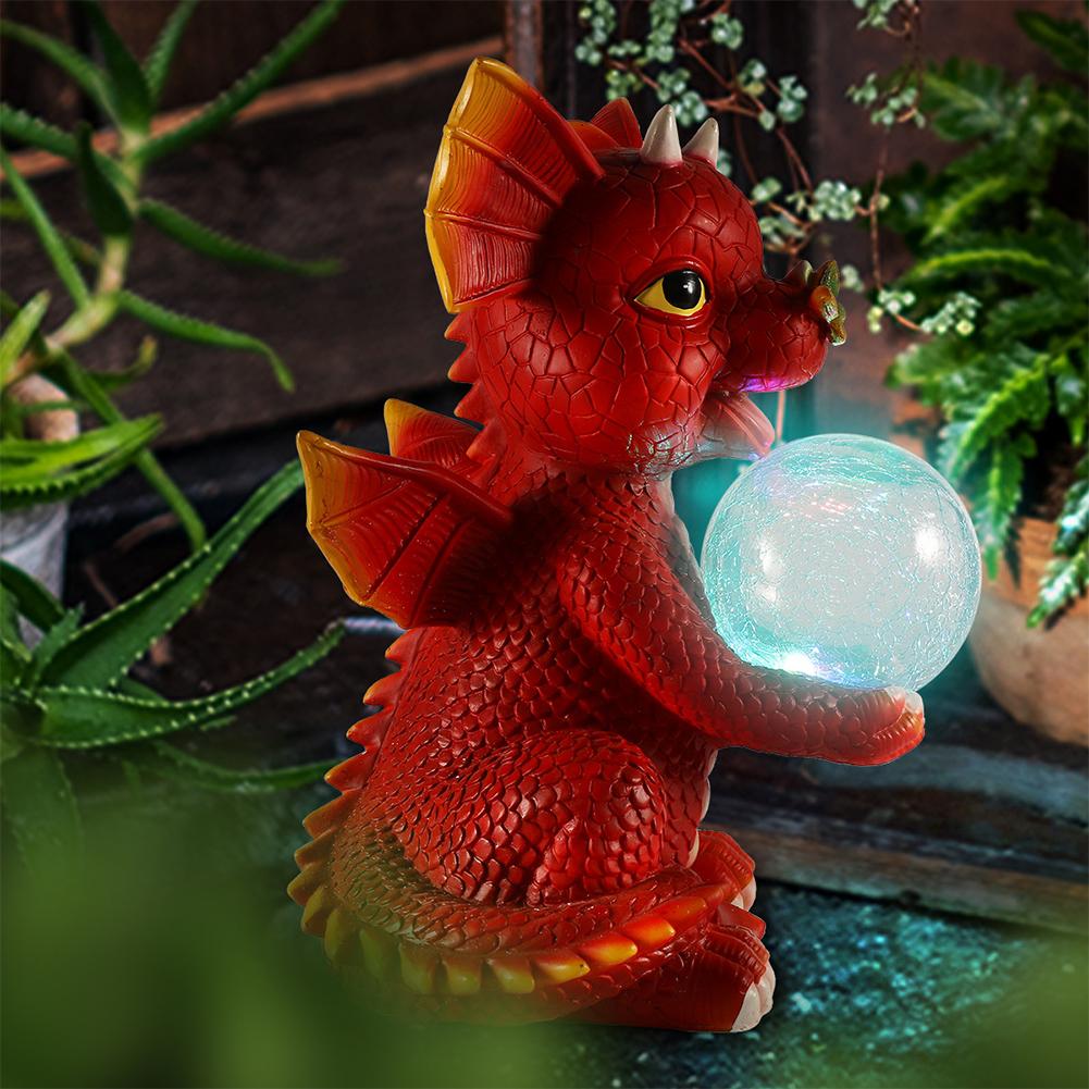 Resin Adorable Baby Dragon Figurines with Solar Light Waterproof Garden Sculpture Cute Dragon Statue for Patio Yard Lawn Porch