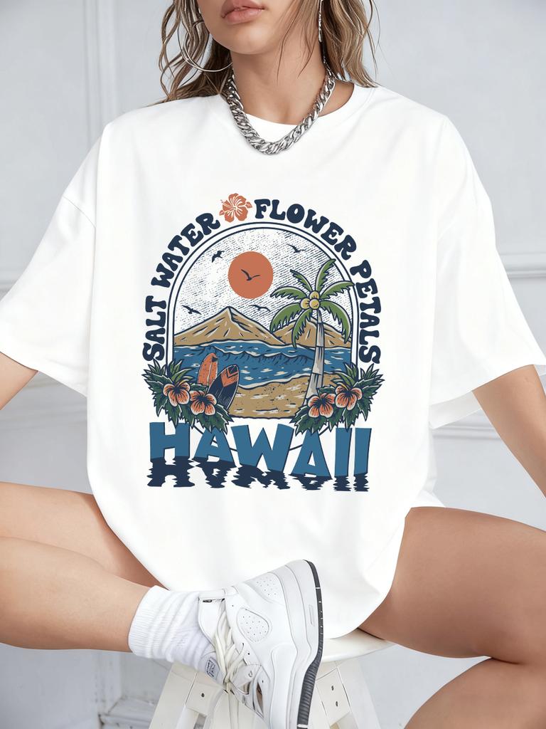 Salt Water Flower Hawaii Prints TShirts Women Summer Cotton Short Sleeve Tops Loose ONeck Comfortable T Shirt Casual Clothes