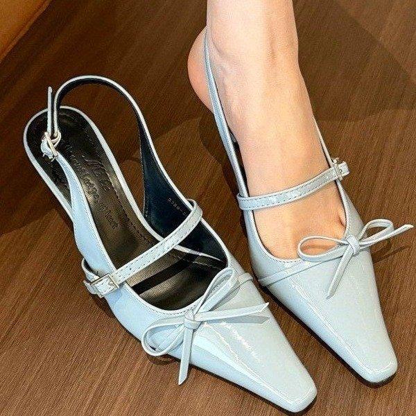 2025 spring and summer new bow medium high heels women's bag head sandals one-word buckle with pointed head empty single shoes women
