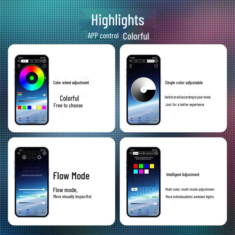 Colorful Acrylic Windshield Soundproof Light: App-Controlled, No Wiring, for Car Decoration.