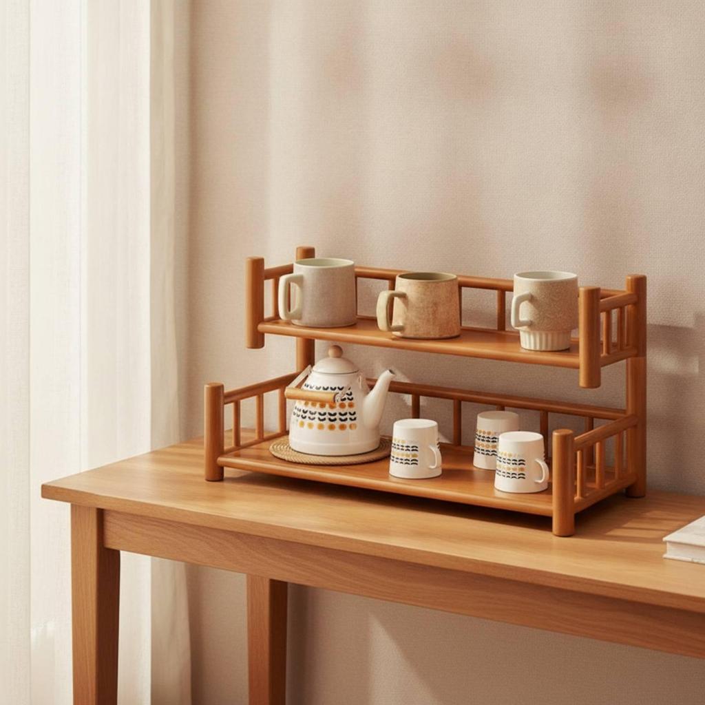 Two-Tier Tabletop Shelving unitSaving Rack with Raised Rails Compact