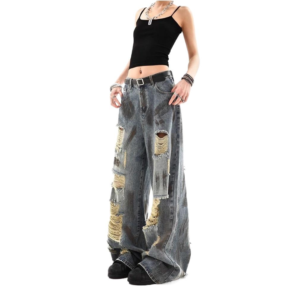 Women's Tie-Dye Cyberpunk Distressed Jeans - Vintage Washed Loose Straight Wide-Leg Pants for Summer Retro Dropped Drape Trousers