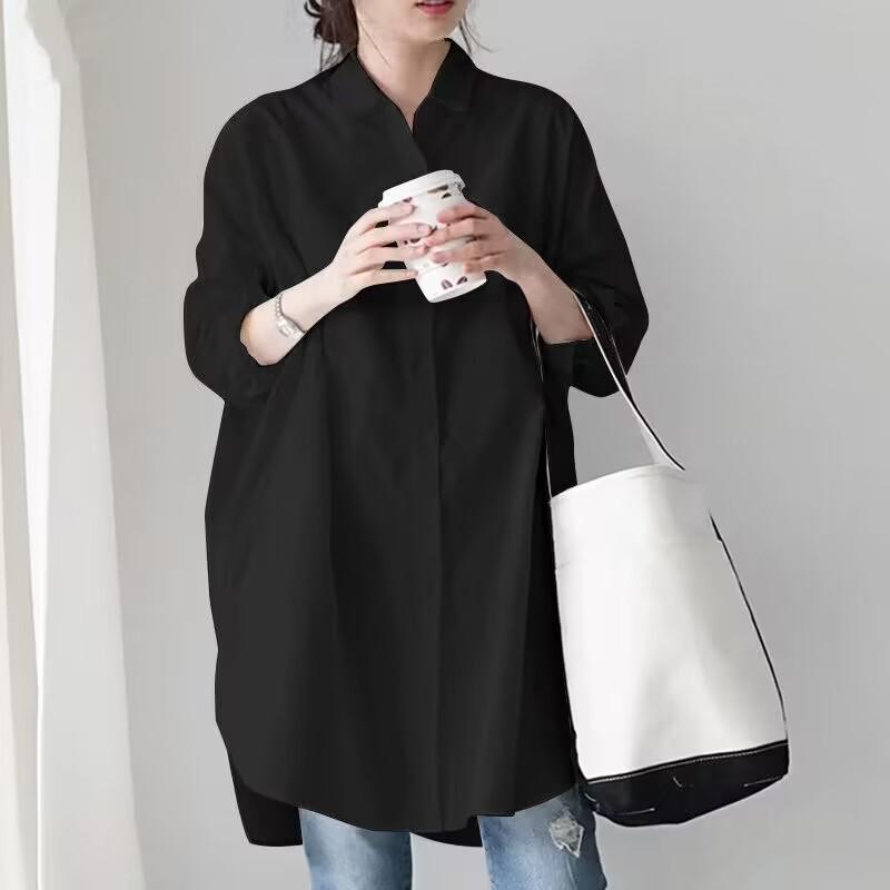 Khaki Korean Style Loose Fit Pure Cotton Long Sleeve Mid-Length Casual Versatile Plus Size Women's Blouse
