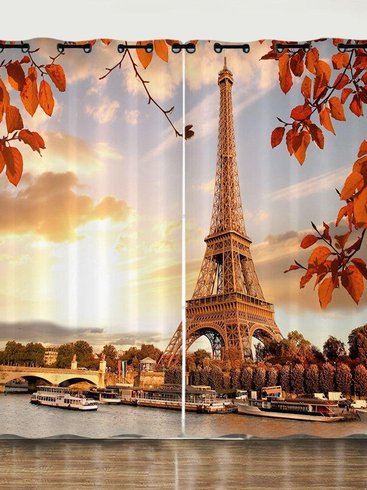 3D Print Modern City Lovers Maple Leaf Eiffel Tower Paris 2 Pieces Shading Darkening Curtain for Living Room Bedroom Decor Hook