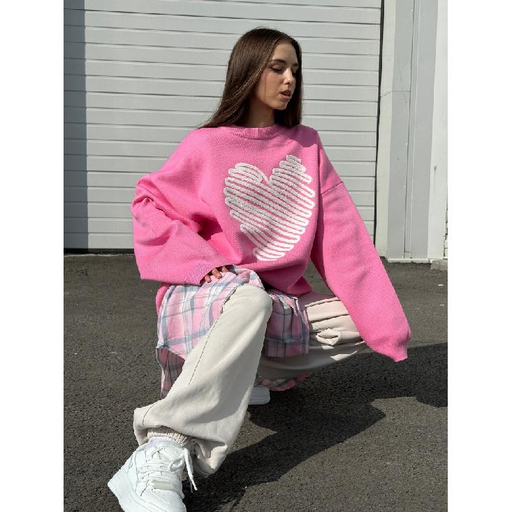 Dámské svetry s výšivkou srdce Valentýnský ležérní svetr s dlouhým rukávem a kulatým výstřihem Volné pulovrové topy Podzim Zima Měkký pletený kabát
