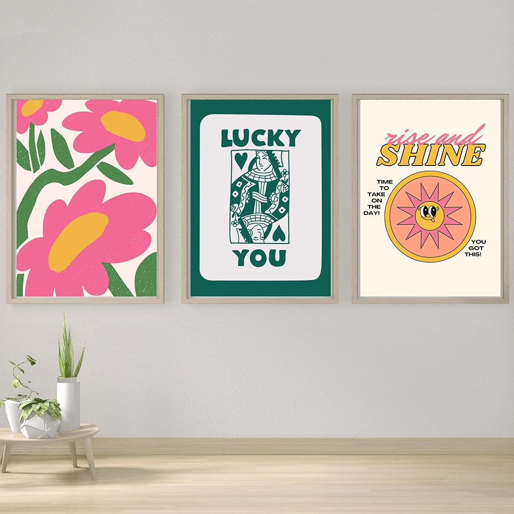 

Скандинавский абстрактный постер с розовым цветком и солнцем, холст, картина, настенная живопись, зеленый стиль, надпись Lucky You, фотографии для гостиной, современный декор