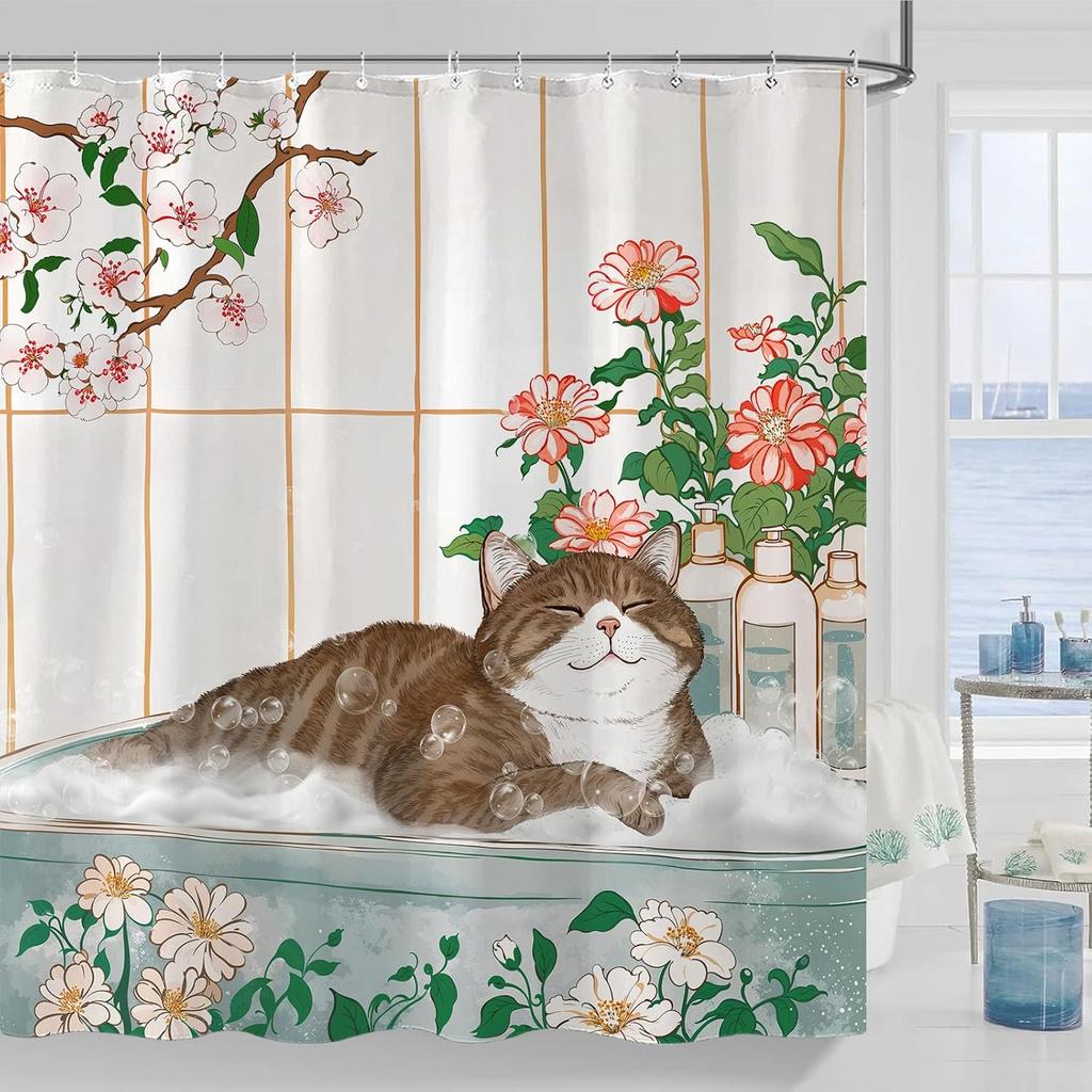 Adorable Cats Shower Curtain Set Cozy Plant Pot Design Waterproof Bathroom Shower Curtain Cute Feline Group Print Charming Home