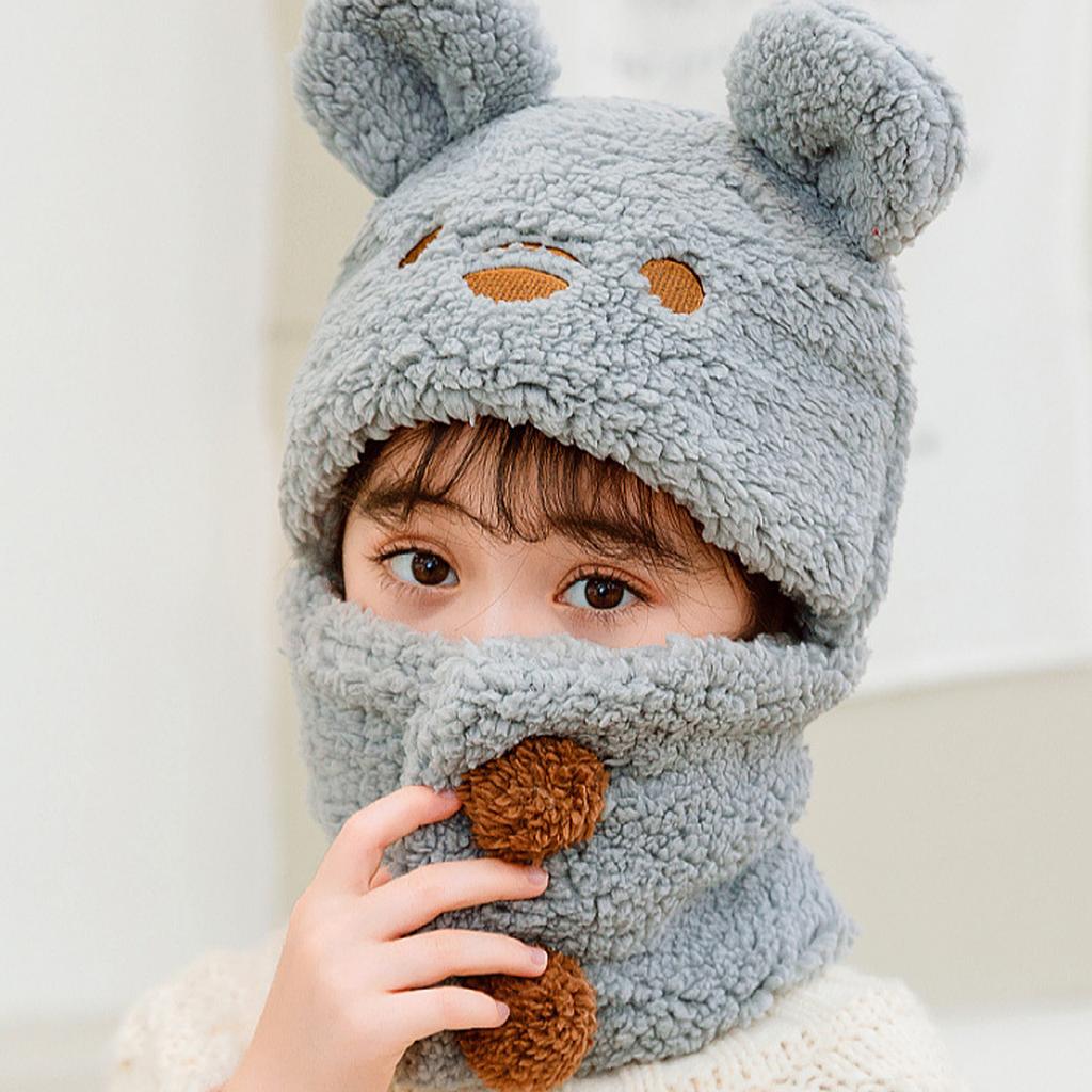 Roztomilá medvědí dětská plyšová čepice Kreslená jednodílná šála čepice pro děti chlapce dívku Zimní teplá fleecová kukla čepice 6-9 let