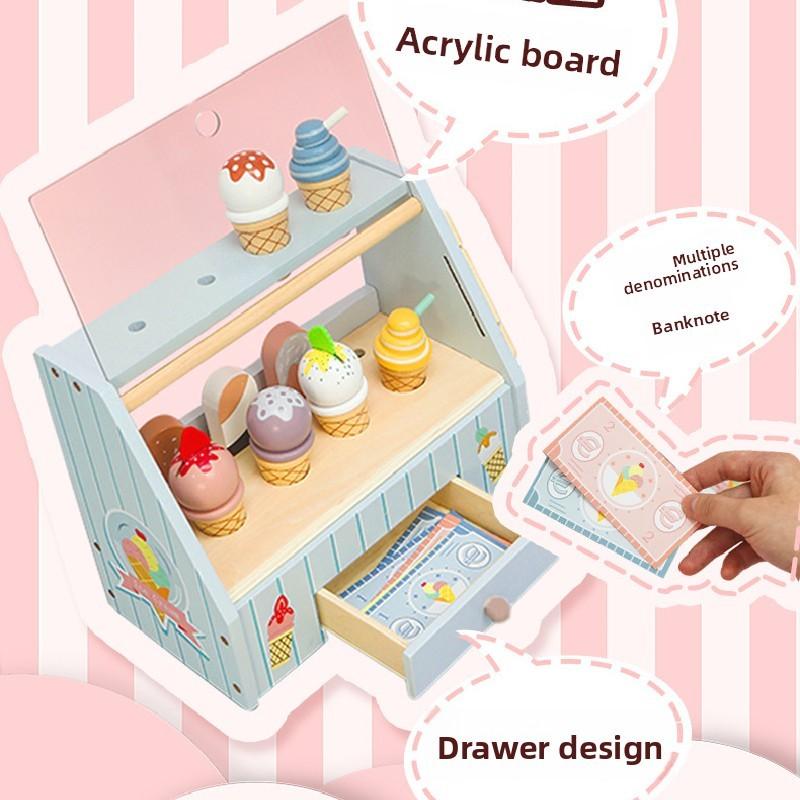 Simulation Wooden Fun Ice Cream Shelf Model Children Toy Set For Playing Role