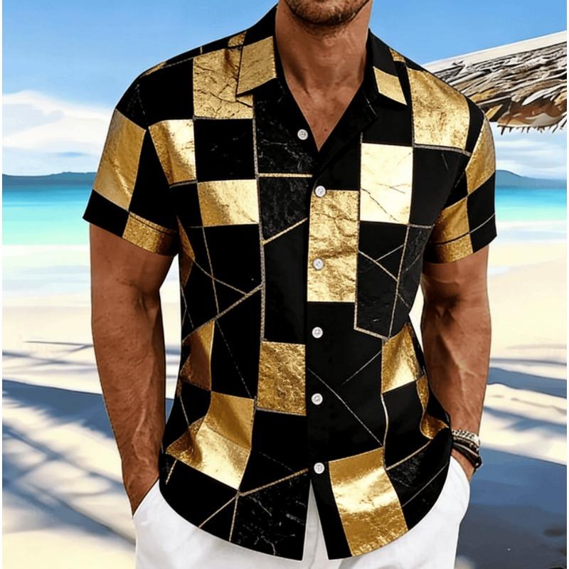 Men's Black Gold Luxury Short Sleeve Shirt, Spring Summer Business Vacation Casual Blouse, Loose Casual Top