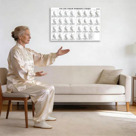 Tai Chi židle cvičení tabulka plakát bez rámu sedavé cviky pro začátečníky a seniory 12x18 palců PVC nástěnné umění pro obývací pokoj ložnici jógové studio