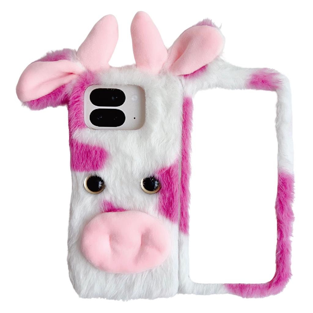 For Google Pixel 9 Pro Fold 5G Case Fluffy Cute Cow Winter Plush Inner TPU Phone Cover