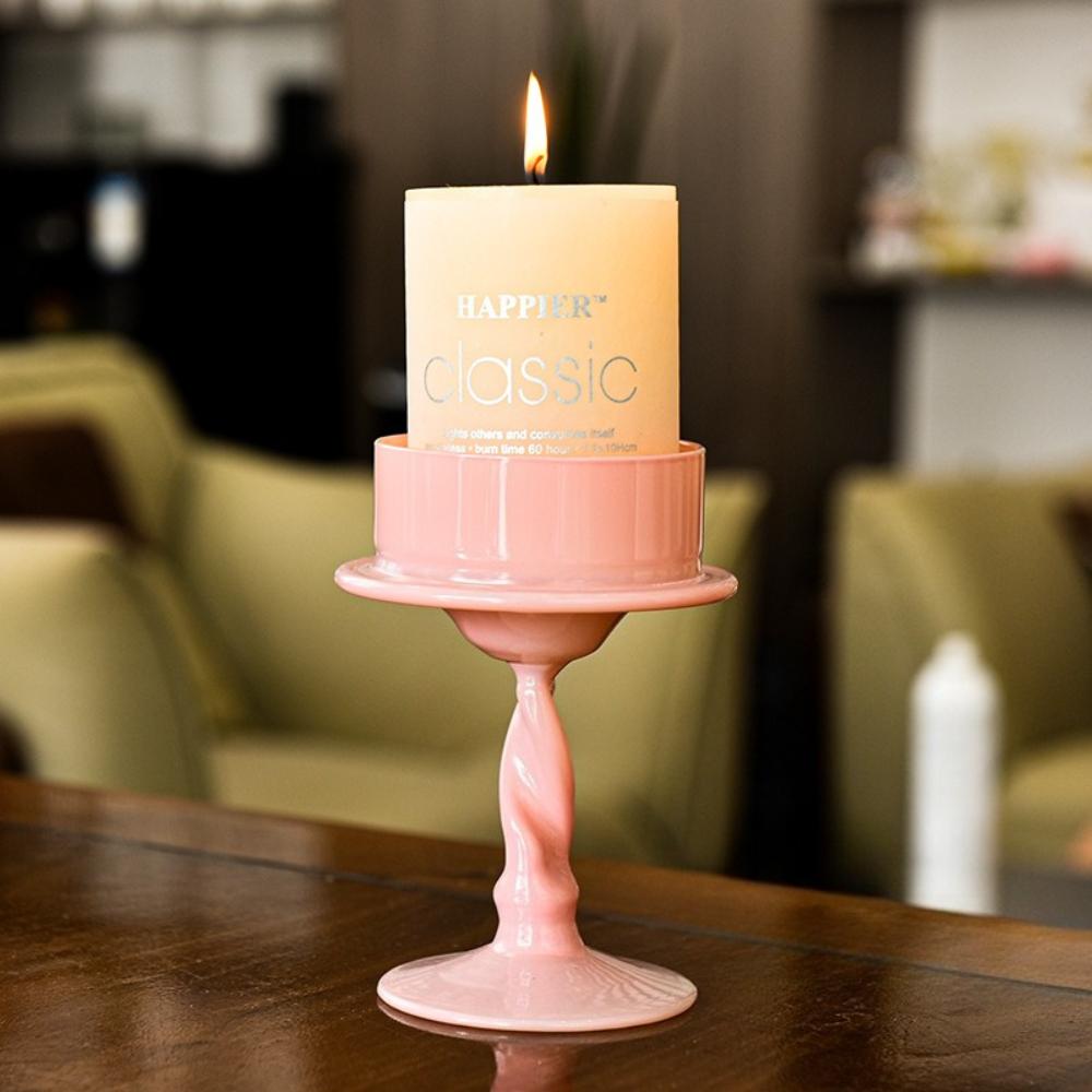 

Creative Pink Glass Candle Holder Ornament Spiral Rod Festive Atmosphere Home Decoration Cylindrical Candle Wedding Supplies