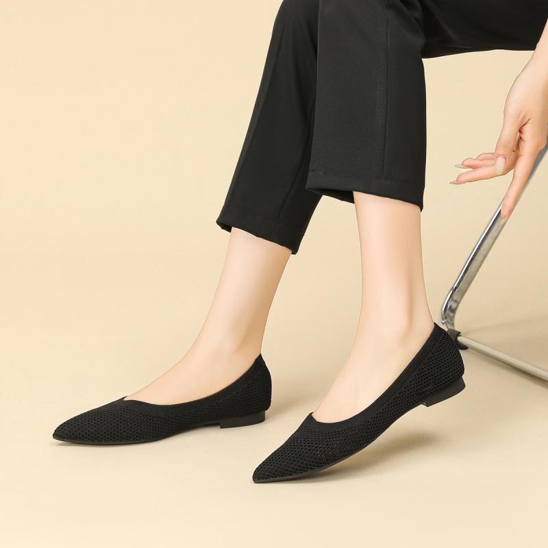 Gestrickte Einzelschuhe Damen neue Ein-Pedal-Weichsohlen-Fliegenstrickschuhe hohl und atmungsaktiv flachmündig spitz flache Schuhe