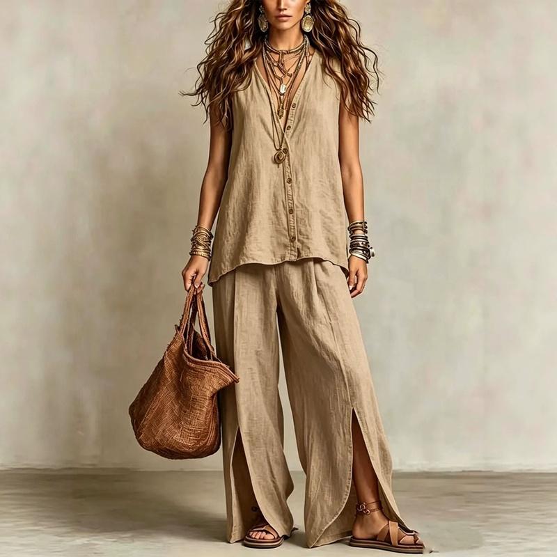 Damen Zweiteiler Ärmelloses Tanktop Weite Hosen Locker Lässig Sommer Outfit
