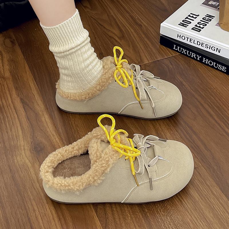Fashion Aphixta Cow Suede Brown Slipper Furry Warm Women Mule Outside Plush Shoes Colorful Lace Up Slides Chaussures Femme Zapatos Mujer