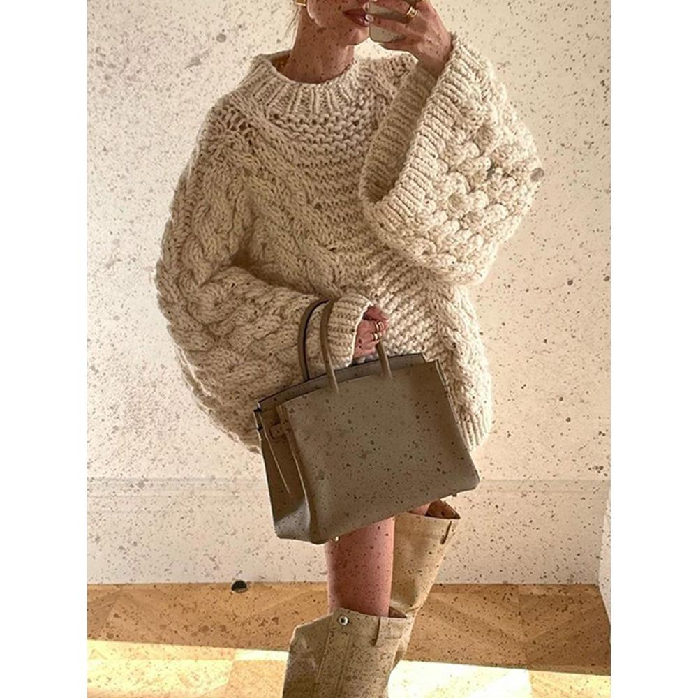 Crew Neck Wide Sleeve Sweater Loose Lazy Versatile Solid Color Fashion Temperament Versatile Knitted Top Women