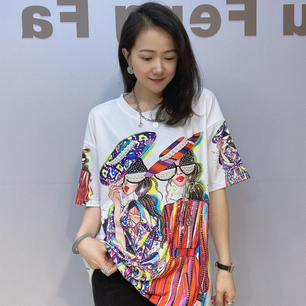 Plus Size Colorful Pattern Printed Diamonds Beading Tees for Women Summer Thin Clothes O Neck Short Sleeve Casual Loose T Shirts