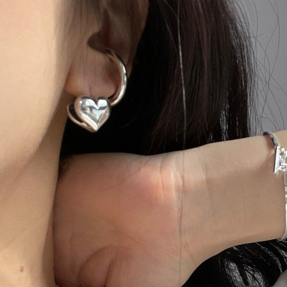 925 silver ball earrings, silver ball ring earrings, plump heart one-touch earrings