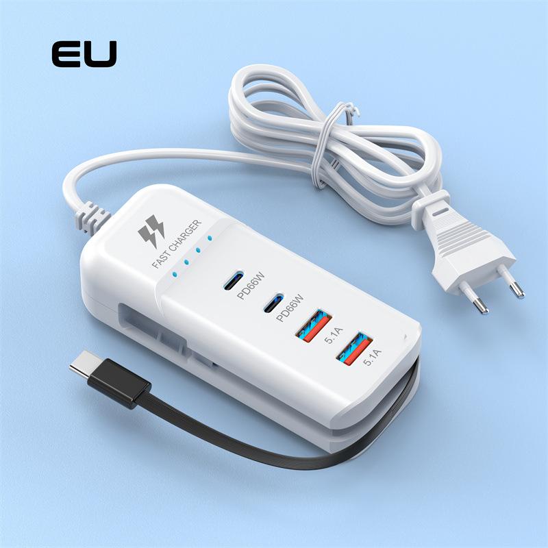 

66W PD Швидкі Зарядні Пристрої для Стіни USB Зарядки USB Хаб Адаптер 4 Порти USB Type C EU US UK Штекер Розширювач Type C Кабель Розетка EU білий