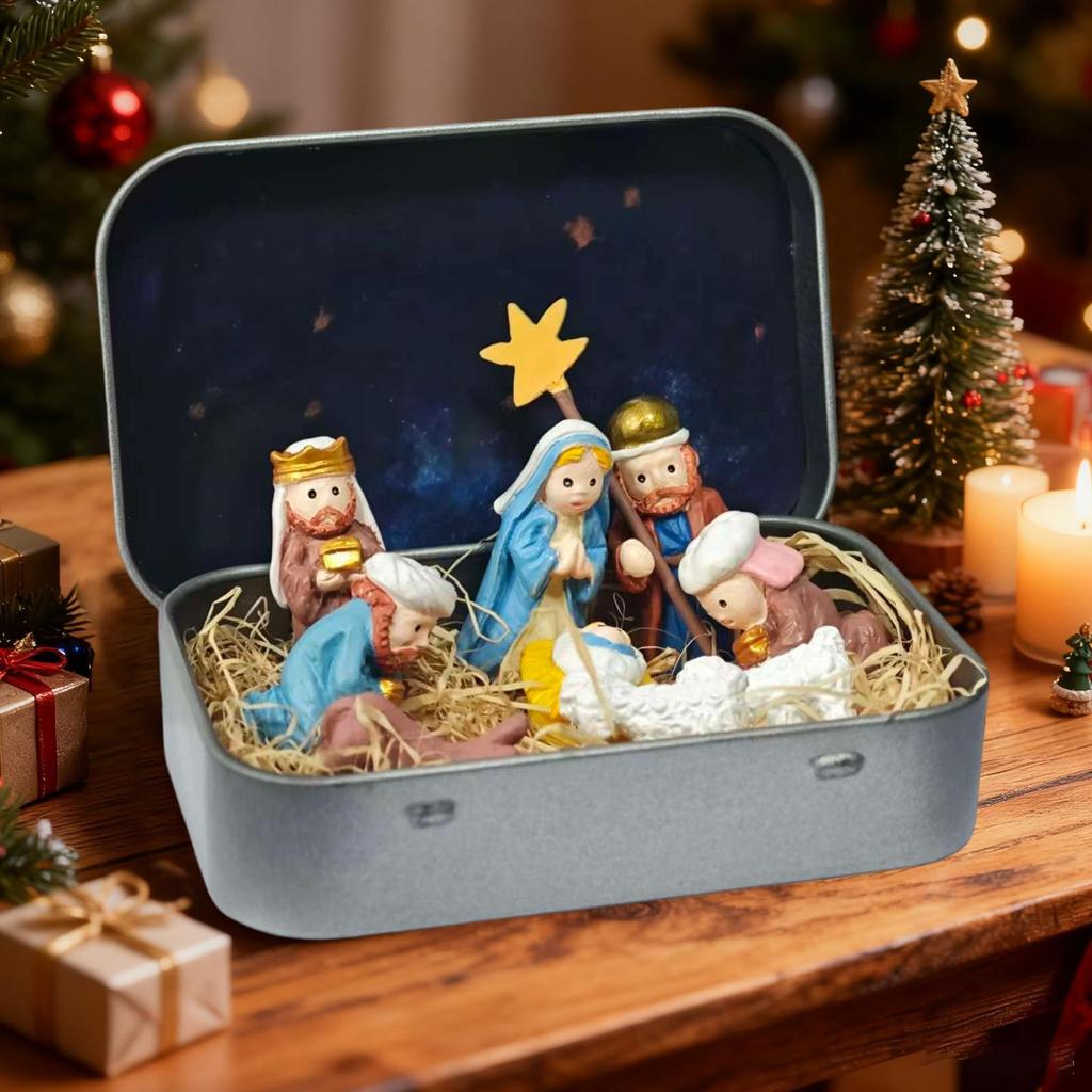 Mini Krippenset Blechdose Taschenformat Geburt Jesu Dekoration Tragbar Mini 3D Heilige Figuren Religiöses Ornament Heilige Familie Deko