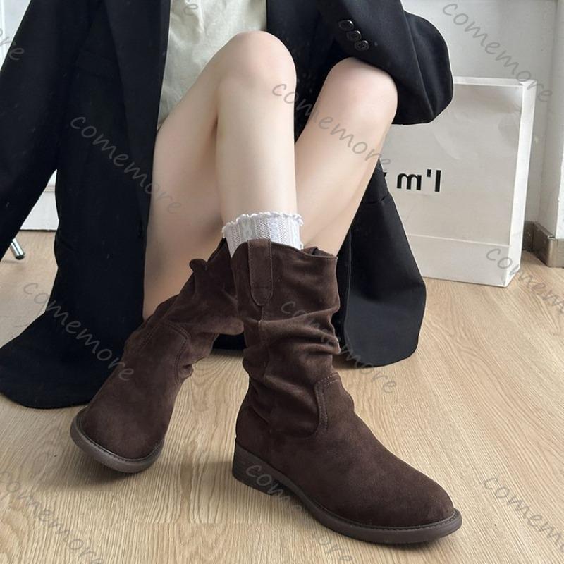 Comemore Damskie Botki na Grubym Obcasie Botki do Połowy Łydki Damskie Jesienne Buty Casualowe Jednolite Zamszowe Kowbojki Bota Feminina