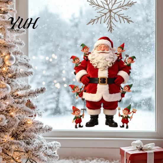 Decorative Glass Door Stickers Christmas Window Cling, Cute Santa Claus And Elf Boys Decal, Winter Seasonal Clings Holiday Reusable Static Sticker for