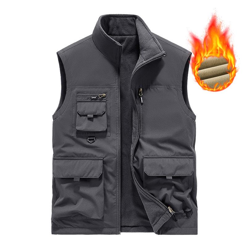 Double-sided velvet vest for men, casual stand-up collar, outdoor vest, waistcoat, men's fishing vest, multi-pocket jacket