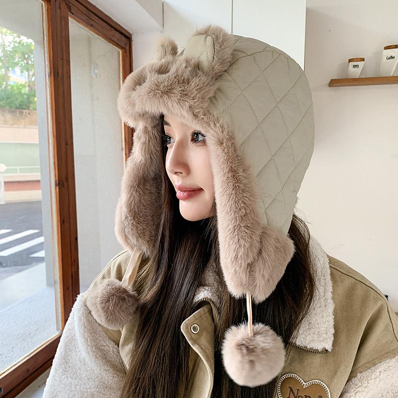 Cute Cartoon Warm Ear Protection Hat Face Enhancing Small Hat Windproof Hood for Girls