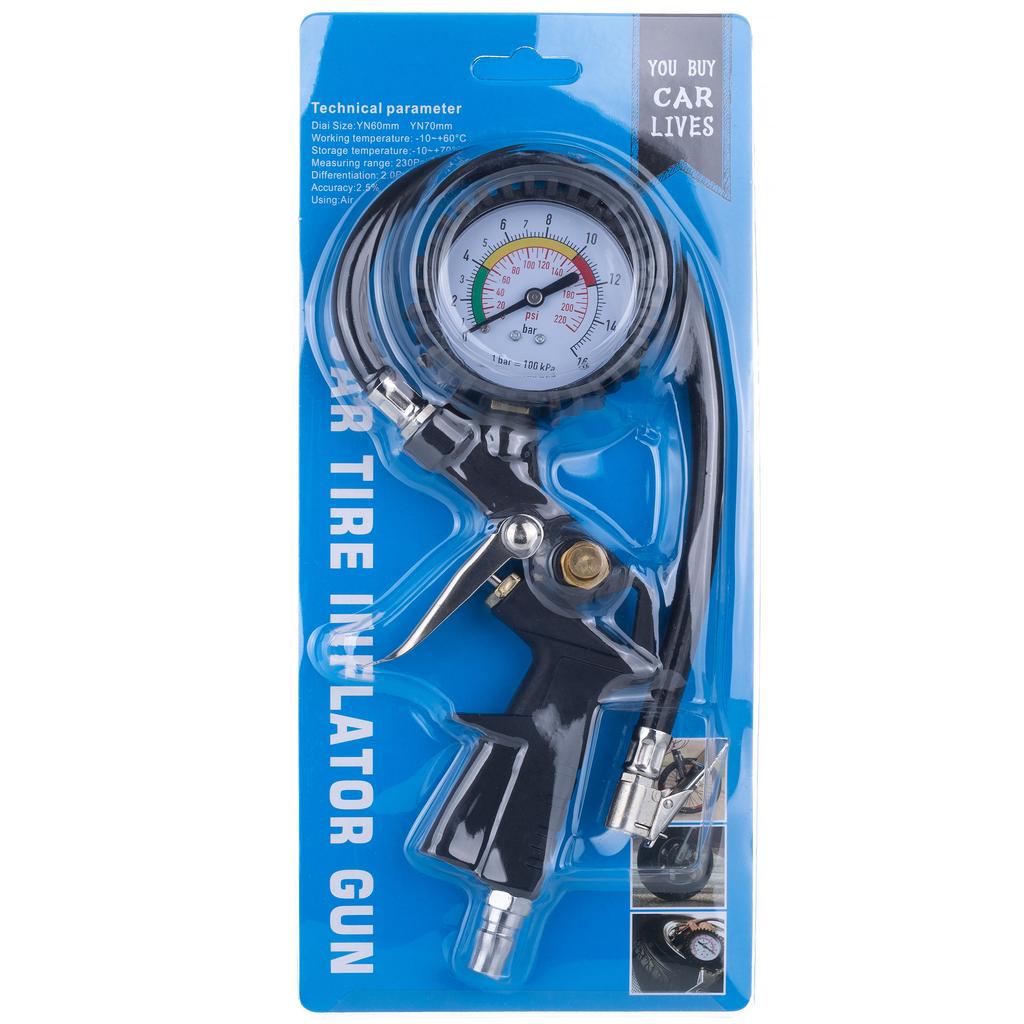 Rosfix Pneumatic Gun with Pressure Gauge – Pressure Range 0-16 Bar | Aluminum | 35 Cm Hose, Rubberized Pressure Gauge Cover