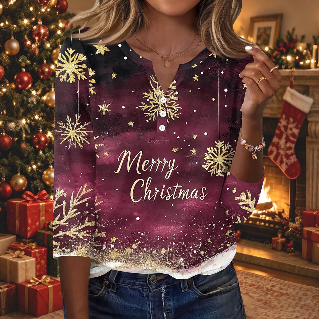 Women's Casual Christmas Print V-Neck Button Three-Quarter Sleeve T-Shirt