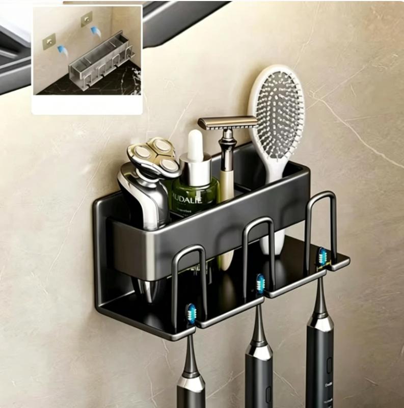 Punch-free metal toothbrush holder, wall-mounted design, practical storage rack for toothbrushes and toothpaste at home