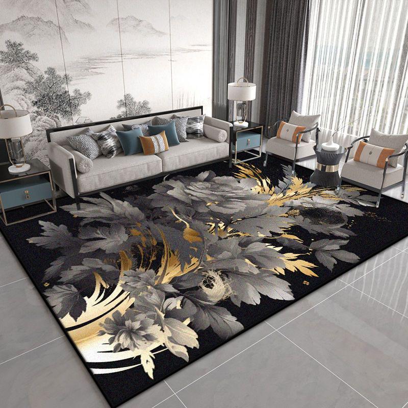 Luxuriöser Blumenpflanzen Schwarzer Wohnzimmerteppich Chinesischer Stil Dekoration Sofa Couchtische Rutschfester Teppich Schlafzimmer Waschbare Weiche Matte