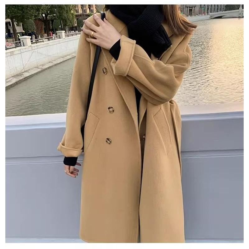 Damen Doppelreihiger Langer Wollmischung Trenchcoat Reverskragen Locker Warm Winter Oberbekleidung Übermantel
