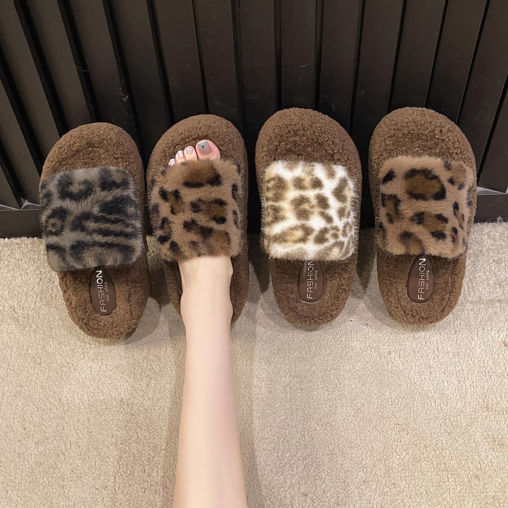 2025 autumn new Korean version leopard print thick-bottomed fluffy slippers women wear open-toed plush indoor cotton slippers small size