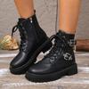 Stylish Round Toe Block Heel Bootie Toe Lace-Up Leather Plus Fleece Warm Statement Zip Platform Shoes