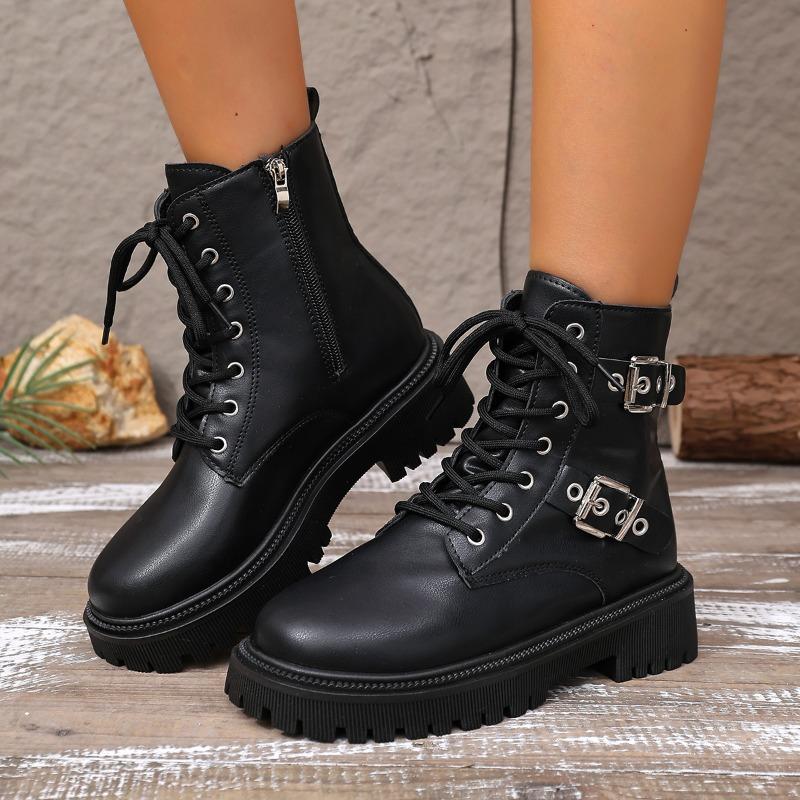 

Stylish Round Toe Block Heel Bootie Toe Lace-Up Leather Plus Fleece Warm Statement Zip Platform Shoes 42