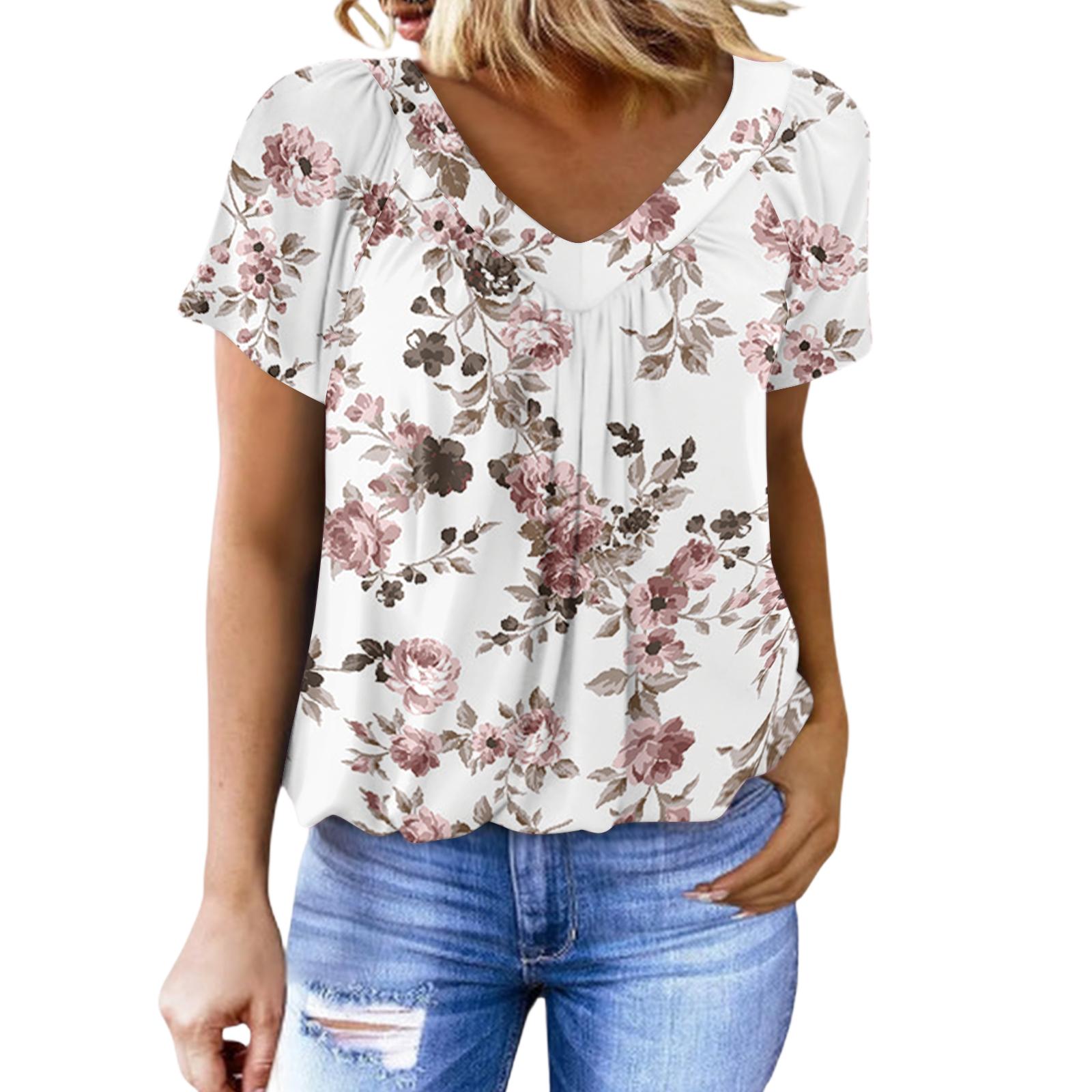 

Women s Casual V-neck Pleated Floral Print Short-sleeved Top XL червоний