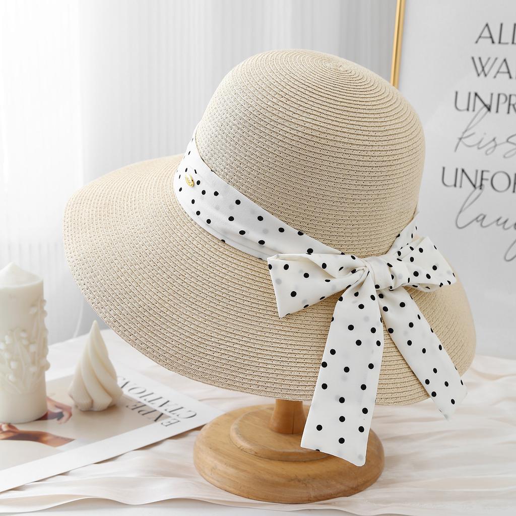 Fashionable Summer Bow Ribbon Hat with Metal Women's Sunhat Wide Brimmed Sunshade