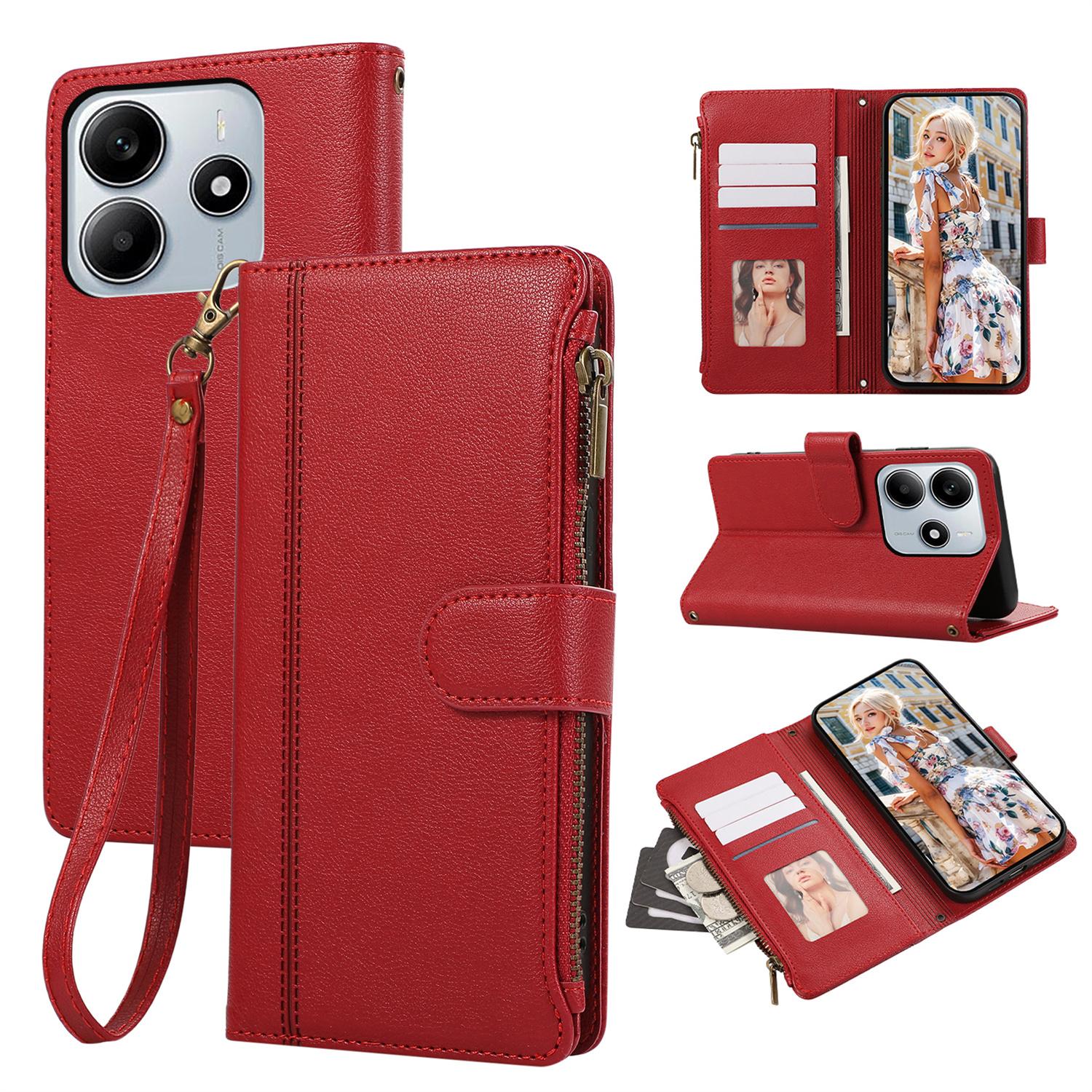 

For Xiaomi Redmi Note 14 5G Case Multi Card Slots Zipper Leather Phone Cover with Wrist Strap Red