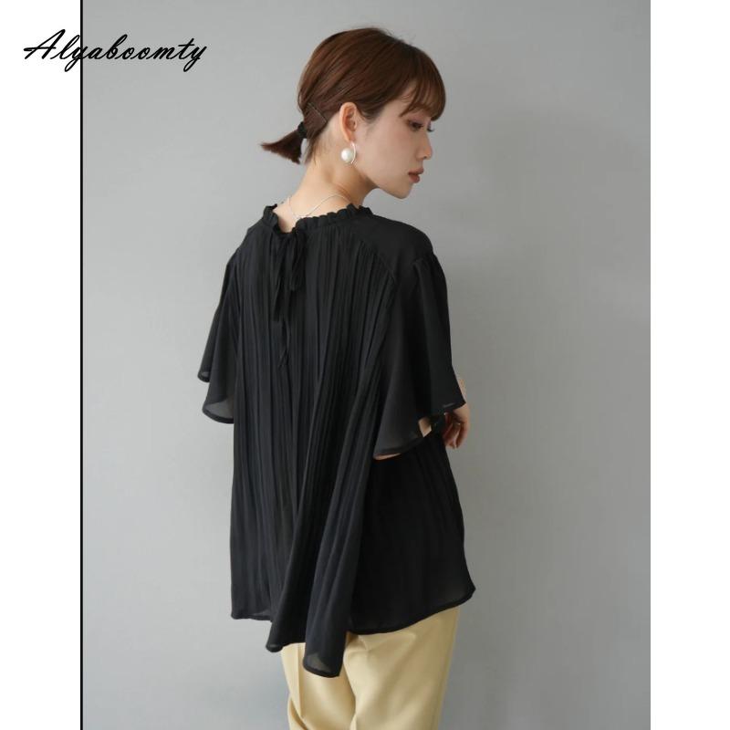Korean Style Spring Summer Women Casual Loose Blouse Ruffled Collar White Black Pleated Blouse Batwing Sleeve Elegant Office Lady Blouse