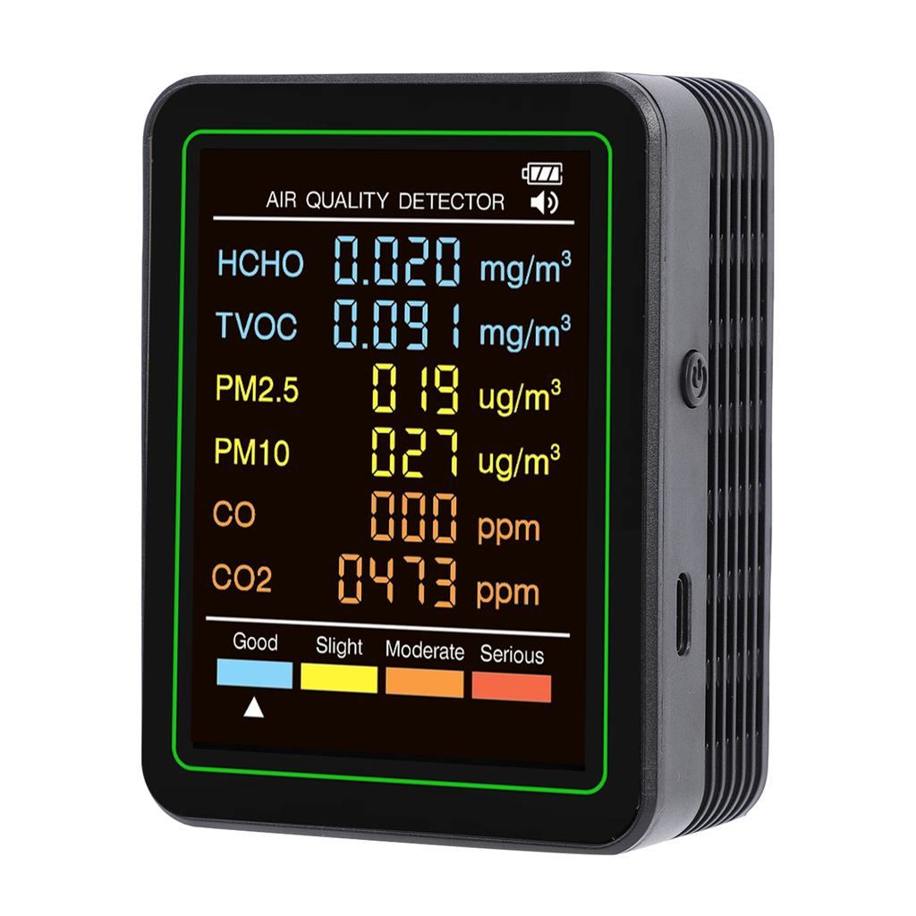 6 in 1 Air Quality Monitor with CO CO2 TVOC HCHO PM2.5 PM10 Detection Infrared Sensor LCD Color Screen Portable Home
