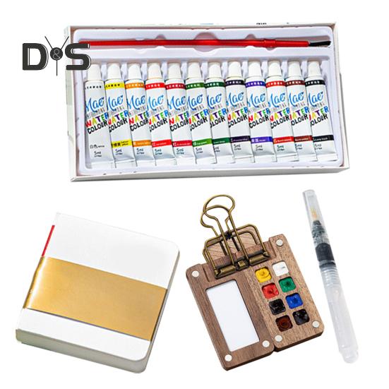 Mini Watercolor Paint Box Pocket Artist Travel Set 8/15-Color Palette Walnut Wood Metal Clip Portable Watercolor Pen