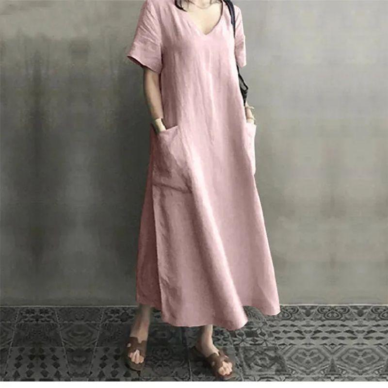 

2025 Spring and Autumn Artistic National Style Retro Women clothes Cotton and Linen V-neck Swing Dress Pink 5XL