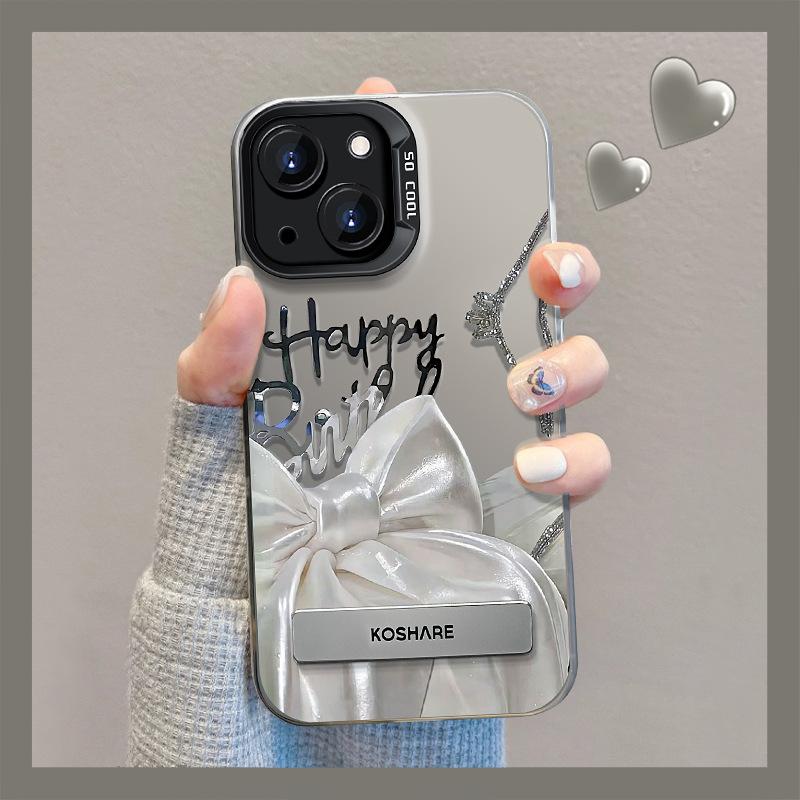 Applicable To Apple 13 Mobile Phone Case Iphone15plus Silk Bow Bracket 14 Color Silver Matte 13 High-end Sense