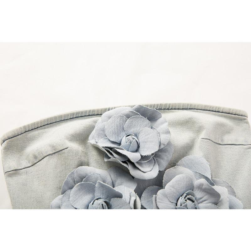 Summer Fashion Women Sexy Strapless 3D Rose Flower Denim Jumpsuits Flare Jeans Rompers