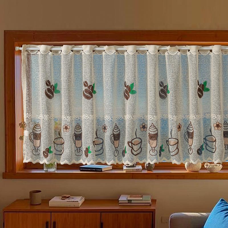 Simple Dust-proof Curtain for Kitchen and Bedroom Bay Window Short Curtain with Lace Embroidery Pattern