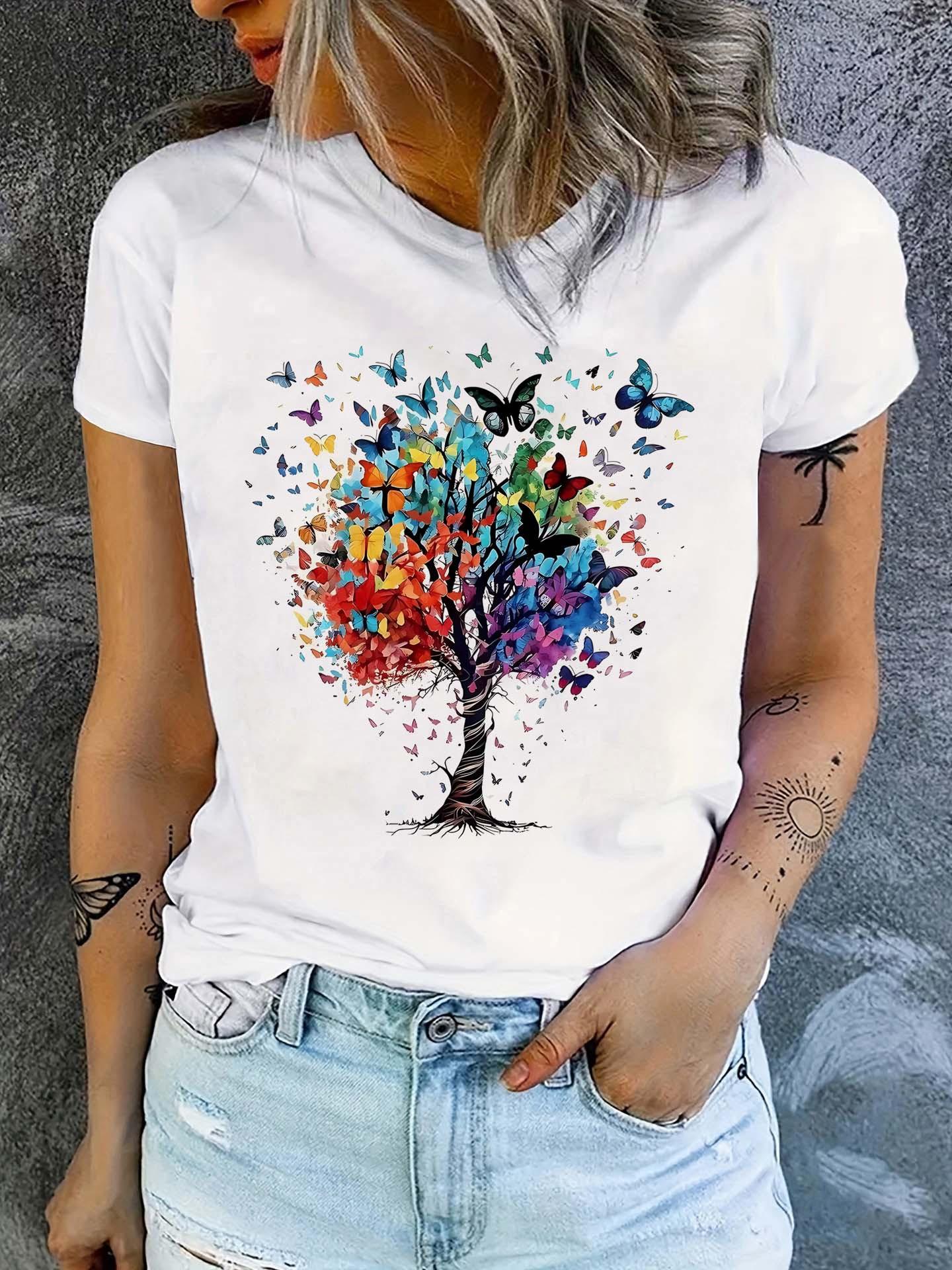 

Butterfly Print Crew Neck T-Shirt. Casual Short Sleeve T-S XXXL дубильная кора