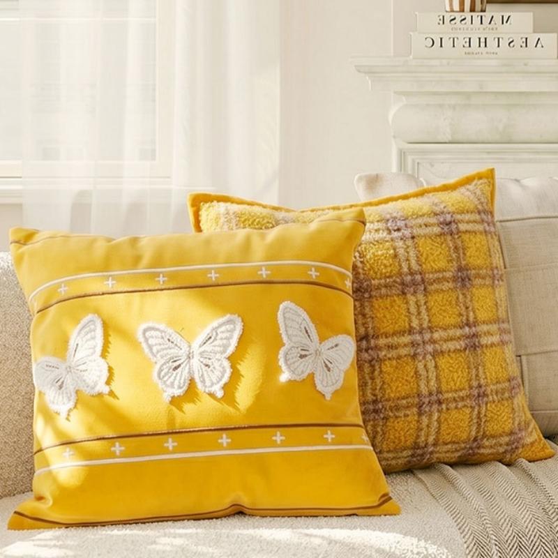 Embroidered Cushion Cover Yellow Butterfly Decorative Pillows for Sofa,45x45 Summer Pillowcase with Flowers for Backrest Support