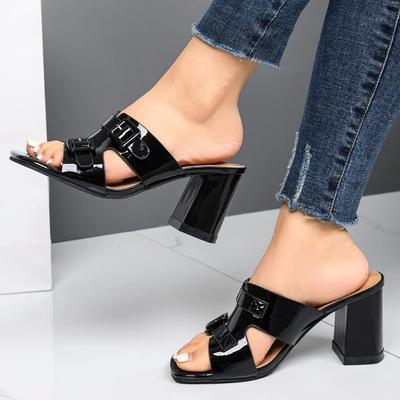 2024 High Quality Women Summer Fashion Open Toe Solid Color Women's Slippers Buckle Thick Heel Women's High Heel Slippers